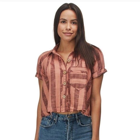 NWOT WE THE FREE Brown & Copper Striped Boho Chic Button Short Sleeve Crop Top - Picture 1 of 5